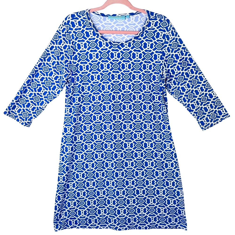 Anthonys Resort Wear Blue White Geometric Greek Key 3/4 Sleeve Dress Large